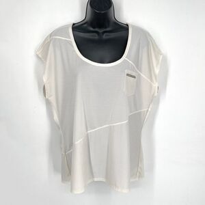 Athleta Speedsetter Short Sleeve Pocket Tee Sz XL White Asymmetrical Stitching